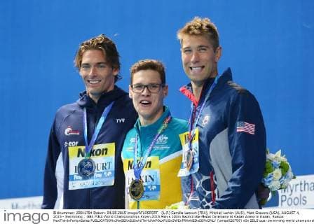 (L-R) Camille Lacourt (FRA), Mitchell Larkin (AUS), Matt Grevers (USA), AUGUST 4, 2015 - Swimming : 16th FINA World Championships Kazan 2015 Men s 100m Backstroke Medal Ceremony at Kazan Arena in Kazan, Russia. NoxThirdxPartyxSales  (umqa026709)