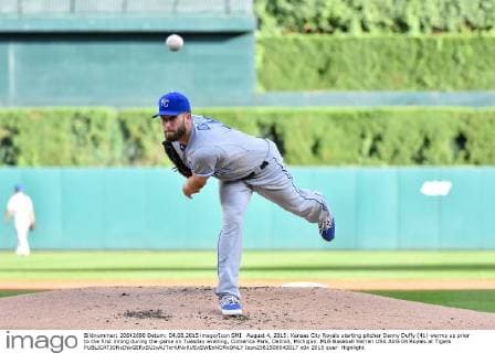 August 4, 2015: Kansas City Royals starting pitcher Danny Duffy (41) warms up prior to the first inning during the game on Tuesday evening, Comerica Park, Detroit, Michigan. MLB Baseball Herren USA AUG 04 Royals at Tigers Icon2581508040017 EDITORIAL USE ONLY