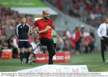 Muenchen Chef-Trainer Pep Guardiola (FC Bayern Muenchen) triit wuetend gegen die Bande , FC Bayern Muenchen vs. AC Mailand, Fussball, Audi Cup 2015, 04.08.2015 , Copyright: Kolbert Eibner-Pressefoto EP_CKT