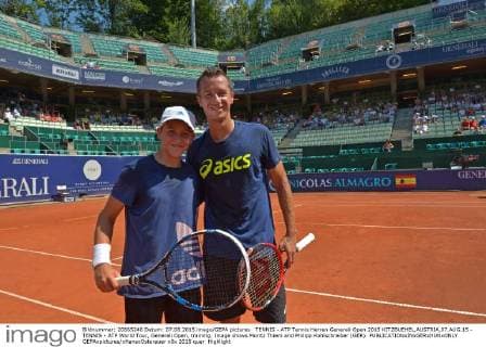 TENNIS - ATP Tennis Herren Generali Open 2015 KITZBUEHEL,AUSTRIA,07.AUG.15 - TENNIS - ATP World Tour, Generali Open, training. Image shows Moritz Thiem and Philipp Kohlschreiber (GER). GEPAxpictures xHansxOsterauer