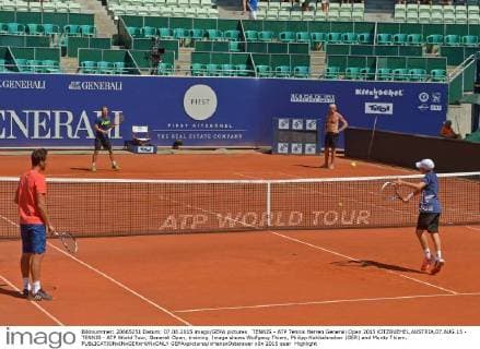 TENNIS - ATP Tennis Herren Generali Open 2015 KITZBUEHEL,AUSTRIA,07.AUG.15 - TENNIS - ATP World Tour, Generali Open, training. Image shows Wolfgang Thiem, Philipp Kohlschreiber (GER) and Moritz Thiem. GEPAxpictures xHansxOsterauer