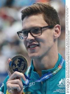 KAZAN, RUSSIA. AUGUST 7, 2015. Gold medalist, Australia s Mitchell Larkin at an awards ceremony for the men s 200m Backstroke final at the 16th FINA World Swimming Championships, at Kazan Arena. Yegor Aleyev TASS  TS0094B9