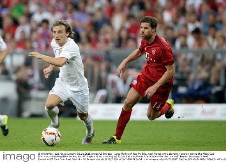 Luka Modric of Real Madrid, Xabi Alonso of FC Bayern Munchen during the AUDI Cup final match between Real Madrid and FC Bayern Munich on August 5, 2015 at the Allianz Arena in Munich, Germany FC Bayern Munchen v Real Madrid AUDI Cup Final Real Madrid v FC Bayern Munich 2015 2016 xVIxVIxIMAGESx xEricxVerhoevenxIVx 4171151