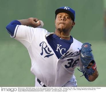 Aug. 7, 2015 - Kansas City, MO, USA - Kansas City Royals pitcher Edinson Volquez throws against the Chicago White Sox at Kauffman Stadium in Kansas City, Mo., on Friday, Aug. 7, 2015. Chicago White Sox at Kansas City Royals - ZUMAm67_