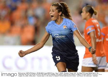 Aug. 7, 2015 - Houston, Texas, U.S - Sky Blue FC forward Nadia Nadim (9) celebrates her goal during the 1st half of an NWSL game between the Houston Dash and Sky Blue FC at BBVA Compass Stadium in Houston, TX on August 7th, 2015. NWSL 2015 - Houston Dash vs Sky Blue FC - ZUMAs127