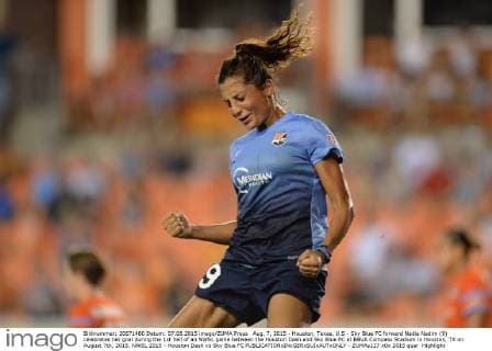 Aug. 7, 2015 - Houston, Texas, U.S - Sky Blue FC forward Nadia Nadim (9) celebrates her goal during the 1st half of an NWSL game between the Houston Dash and Sky Blue FC at BBVA Compass Stadium in Houston, TX on August 7th, 2015. NWSL 2015 - Houston Dash vs Sky Blue FC - ZUMAs127