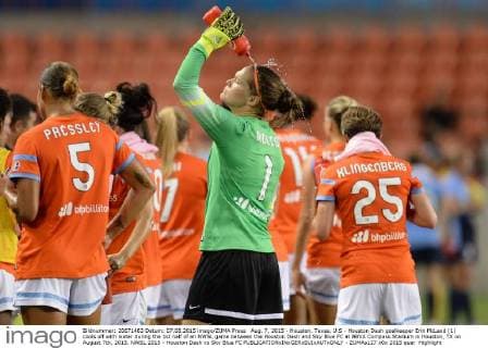 Aug. 7, 2015 - Houston, Texas, U.S - Houston Dash goalkeeper Erin McLeod (1) cools off with water during the 1st half of an NWSL game between the Houston Dash and Sky Blue FC at BBVA Compass Stadium in Houston, TX on August 7th, 2015. NWSL 2015 - Houston Dash vs Sky Blue FC - ZUMAs127