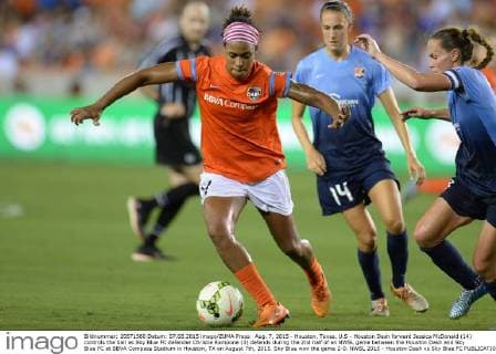 Aug. 7, 2015 - Houston, Texas, U.S - Houston Dash forward Jessica McDonald (14) controls the ball as Sky Blue FC defender Christie Rampone (3) defends during the 2nd half of an NWSL game between the Houston Dash and Sky Blue FC at BBVA Compass Stadium in Houston, TX on August 7th, 2015. Sky Blue won the game 2-0. NWSL 2015 - Houston Dash vs Sky Blue FC - ZUMAs127