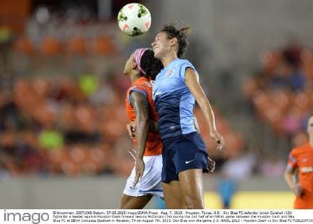 Aug. 7, 2015 - Houston, Texas, U.S - Sky Blue FC defender Lindsi Cutshall (18) fights for a header against Houston Dash forward Jessica McDonald (14) during the 2nd half of an NWSL game between the Houston Dash and Sky Blue FC at BBVA Compass Stadium in Houston, TX on August 7th, 2015. Sky Blue won the game 2-0. NWSL 2015 - Houston Dash vs Sky Blue FC - ZUMAs127