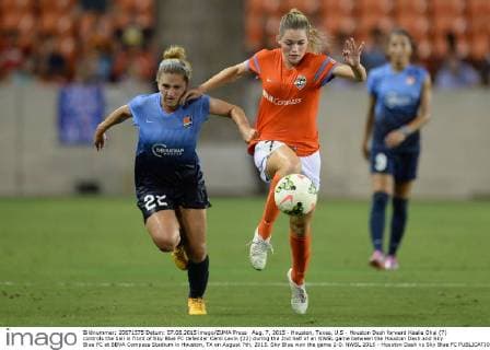 Aug. 7, 2015 - Houston, Texas, U.S - Houston Dash forward Kealia Ohai (7) controls the ball in front of Sky Blue FC defender Cami Levin (22) during the 2nd half of an NWSL game between the Houston Dash and Sky Blue FC at BBVA Compass Stadium in Houston, TX on August 7th, 2015. Sky Blue won the game 2-0. NWSL 2015 - Houston Dash vs Sky Blue FC - ZUMAs127