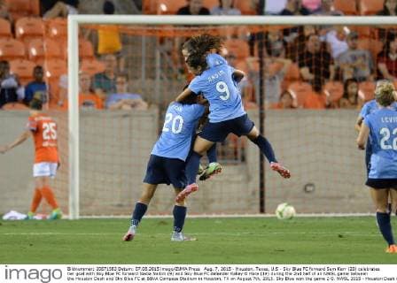 Aug. 7, 2015 - Houston, Texas, U.S - Sky Blue FC forward Sam Kerr (20) celebrates her goal with Sky Blue FC forward Nadia Nadim (9) and Sky Blue FC defender Kelley O Hara (19) during the 2nd half of an NWSL game between the Houston Dash and Sky Blue FC at BBVA Compass Stadium in Houston, TX on August 7th, 2015. Sky Blue won the game 2-0. NWSL 2015 - Houston Dash vs Sky Blue FC - ZUMAs127