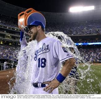 Aug. 7, 2015 - Kansas City, MO, USA - The Kansas City Royals Ben Zobrist (18) receives a celebratory dunking from catcher Salvador Perez after a 3-2 win against the Chicago White Sox at Kauffman Stadium in Kansas City, Mo., on Friday, Aug. 7, 2015. Chicago White Sox at Kansas City Royals - ZUMAm67_