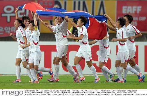 (150808) -- WUHAN, Aug. 8, 2015 -- Players of the Democratic People s Republic of Korea (DPRK) celebrate victory after the match against South Korea at the 2015 EAFF(East Asian Football Federation) Women s East Asian Cup in Wuhan, capital of central China s Hubei Province, Aug. 8, 2015. DPRK won 2-0 and claimed the title of 2015 EAEF Women s East Asian Cup. ) (SP)CHINA-WUHAN-FOOTBALL-EAFF EAST ASIAN CUP 2015-WOMEN-CHAMPIONSHIP chengxmin 
