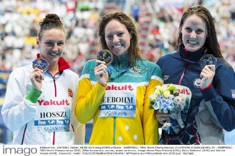 SWIMMING - FINA World Championships 2015 KAZAN,RUSSIA,08.AUG.15 - SWIMMING - FINA World Championships 2015, 200m backstroke, women, award ceremony. Image shows Missy Franklin (USA), Emily Seebohm (AUS) and Katinka Hosszu (HUN). Keywords: medal. GEPAxpictures xPhilippxBrem