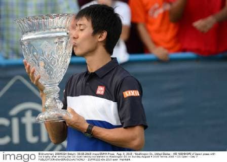 Aug. 9, 2015 - Washington Dc, United States - KEI NISHIKORI of Japan poses with his trophy after wnning the Citi Open tennis tournament in Washington DC on Sunday August 9 2015 Tennis 2015 - Citi Open - Day 7 - ZUMAl132