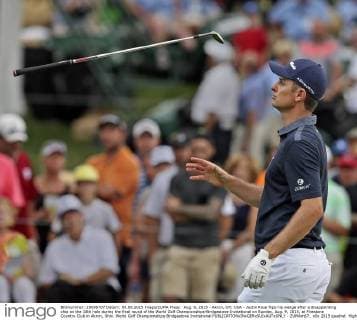 Aug. 9, 2015 - Akron, OH, USA - Justin Rose flips his wedge after a disappointing chip on the 18th hole during the final round of the World Golf Championships-Bridgestone Invitational on Sunday, Aug. 9, 2015, at Firestone Country Club in Akron, Ohio. World Golf Championships-Bridgestone Invitational - ZUMAm67_