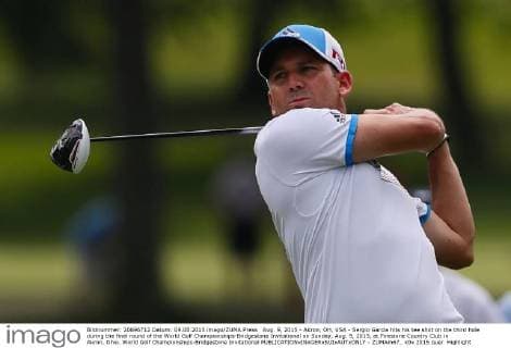 Aug. 9, 2015 - Akron, OH, USA - Sergio Garcia hits his tee shot on the third hole during the final round of the World Golf Championships-Bridgestone Invitational on Sunday, Aug. 9, 2015, at Firestone Country Club in Akron, Ohio. World Golf Championships-Bridgestone Invitational - ZUMAm67_