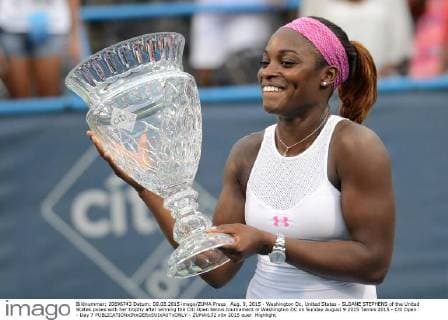 Aug. 9, 2015 - Washington Dc, United States - SLOANE STEPHENS of the United States poses with her trophy after winning the Citi Open tennis tournament in Washington DC on Sunday August 9 2015 Tennis 2015 - Citi Open - Day 7 - ZUMAl132