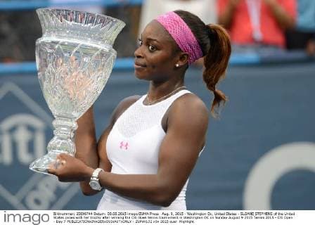 Aug. 9, 2015 - Washington Dc, United States - SLOANE STEPHENS of the United States poses with her trophy after winning the Citi Open tennis tournament in Washington DC on Sunday August 9 2015 Tennis 2015 - Citi Open - Day 7 - ZUMAl132