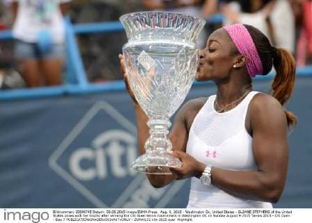 Aug. 9, 2015 - Washington Dc, United States - SLOANE STEPHENS of the United States poses with her trophy after winning the Citi Open tennis tournament in Washington DC on Sunday August 9 2015 Tennis 2015 - Citi Open - Day 7 - ZUMAl132