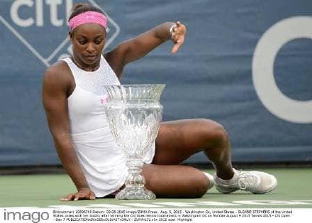 Aug. 9, 2015 - Washington Dc, United States - SLOANE STEPHENS of the United States poses with her trophy after winning the Citi Open tennis tournament in Washington DC on Sunday August 9 2015 Tennis 2015 - Citi Open - Day 7 - ZUMAl132