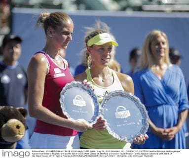 Aug 09, 2015 Stanford, CA : CORRECTED CAPTION Karolina Pliskova and Angelique Kerber hold there s Trophies during the Bank of the West Classic at Stanford University Taube Family Tennis Stadium Stanford Calif. Bank of the West Classic 2015: Tennis Final AUG 09 - ZUMAc04_