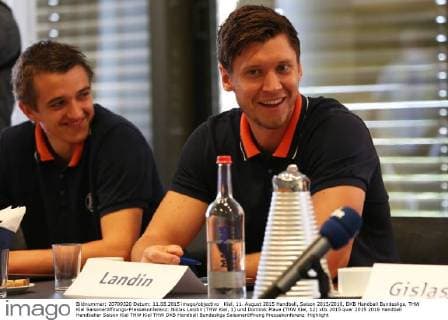 Kiel, 11. August 2015 Handball, Saison 2015 2016, DKB Handball Bundesliga, THW Kiel Saisoneröffnungs-Pressekonferenz: Niklas Landin (THW Kiel, 1) und Dominik Plaue (THW Kiel, 12)