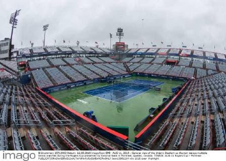 AUG 11, 2015 : General view of the Uniprix Stadium as the rain delays multiple tennis matches during the Rogers Cup presented by National Bank in Montreal, Quebec, Canada. TENNIS: AUG 11 Rogers Cup - Montreal Icon15081104 EDITORIAL USE ONLY