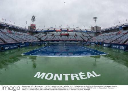 AUG 11, 2015 : General view of the Uniprix Stadium as the rain delays multiple tennis matches during the Rogers Cup presented by National Bank in Montreal, Quebec, Canada. TENNIS: AUG 11 Rogers Cup - Montreal Icon15081105 EDITORIAL USE ONLY