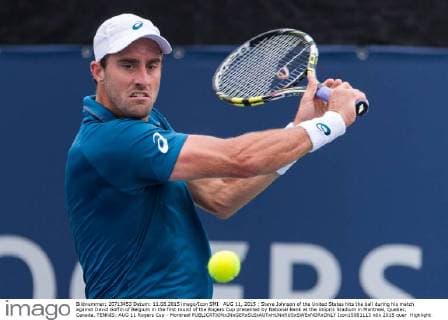 AUG 11, 2015 : Steve Johnson of the United States hits the ball during his match against David Goffin of Belgium in the first round of the Rogers Cup presented by National Bank at the Uniprix Stadium in Montreal, Quebec, Canada. TENNIS: AUG 11 Rogers Cup - Montreal Icon15081113 EDITORIAL USE ONLY