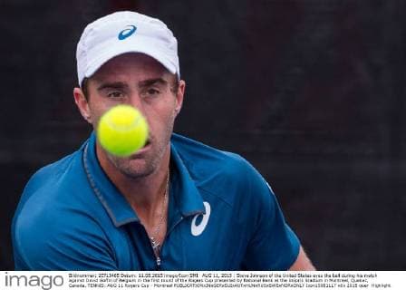 AUG 11, 2015 : Steve Johnson of the United States eyes the ball during his match against David Goffin of Belgium in the first round of the Rogers Cup presented by National Bank at the Uniprix Stadium in Montreal, Quebec, Canada. TENNIS: AUG 11 Rogers Cup - Montreal Icon15081117 EDITORIAL USE ONLY