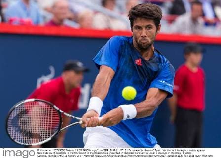 AUG 11, 2015 : Fernando Verdasco of Spain hits the ball during his match against Nick Kyrgios of Australia in the first round of the Rogers Cup presented by National Bank at the Uniprix Stadium in Montreal, Quebec, Canada. TENNIS: AUG 11 Rogers Cup - Montreal Icon15081137 EDITORIAL USE ONLY