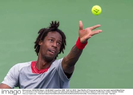 AUG 12, 2015 : Gael Monfils of France serves during his match against Gilles Muller of Luxembourg in the second round of the Rogers Cup presented by National Bank at the Uniprix Stadium in Montreal, Quebec, Canada. TENNIS: AUG 12 Rogers Cup - Montreal Icon15081220 EDITORIAL USE ONLY