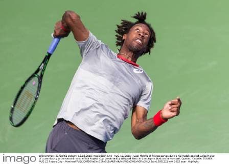 AUG 12, 2015 : Gael Monfils of France serves during his match against Gilles Muller of Luxembourg in the second round of the Rogers Cup presented by National Bank at the Uniprix Stadium in Montreal, Quebec, Canada. TENNIS: AUG 12 Rogers Cup - Montreal Icon15081221 EDITORIAL USE ONLY