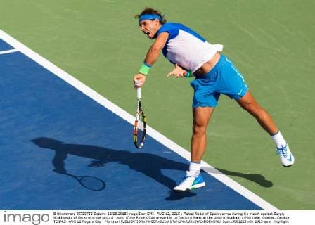 AUG 12, 2015 : Rafael Nadal of Spain serves during his match against Sergiy Stakhovsky of Ukraine in the second round of the Rogers Cup presented by National Bank at the Uniprix Stadium in Montreal, Quebec, Canada. TENNIS: AUG 12 Rogers Cup - Montreal Icon15081223 EDITORIAL USE ONLY