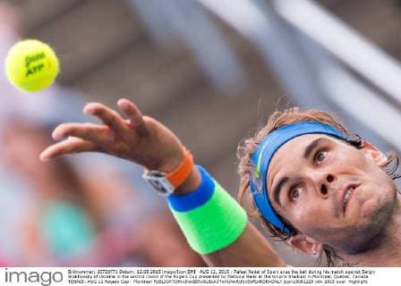 AUG 12, 2015 : Rafael Nadal of Spain eyes the ball during his match against Sergiy Stakhovsky of Ukraine in the second round of the Rogers Cup presented by National Bank at the Uniprix Stadium in Montreal, Quebec, Canada. TENNIS: AUG 12 Rogers Cup - Montreal Icon15081229 EDITORIAL USE ONLY