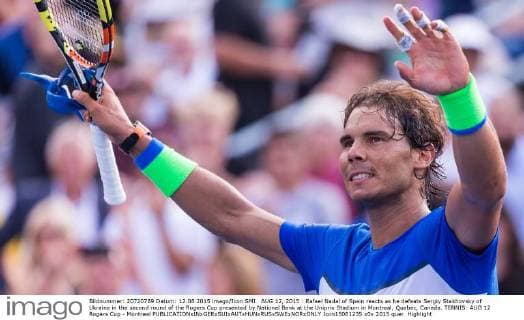 AUG 12, 2015 : Rafael Nadal of Spain reacts as he defeats Sergiy Stakhovsky of Ukraine in the second round of the Rogers Cup presented by National Bank at the Uniprix Stadium in Montreal, Quebec, Canada. TENNIS: AUG 12 Rogers Cup - Montreal Icon15081235 EDITORIAL USE ONLY