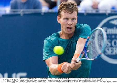 AUG 12, 2015 : Tomas Berdych of Czech Republic hits the ball during his match against Donald Young of the United States in the second round of the Rogers Cup presented by National Bank at the Uniprix Stadium in Montreal, Quebec, Canada. TENNIS: AUG 12 Rogers Cup - Montreal Icon15081243 EDITORIAL USE ONLY