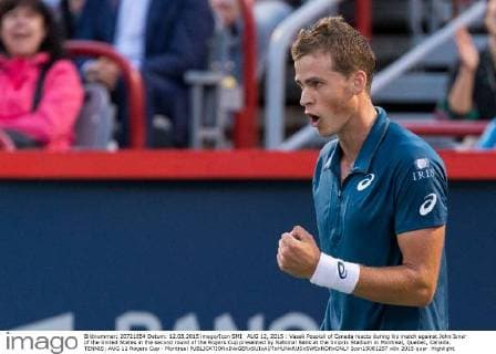 AUG 12, 2015 : Vasek Pospisil of Canada reacts during his match against John Isner of the United States in the second round of the Rogers Cup presented by National Bank at the Uniprix Stadium in Montreal, Quebec, Canada. TENNIS: AUG 12 Rogers Cup - Montreal Icon15081257 EDITORIAL USE ONLY