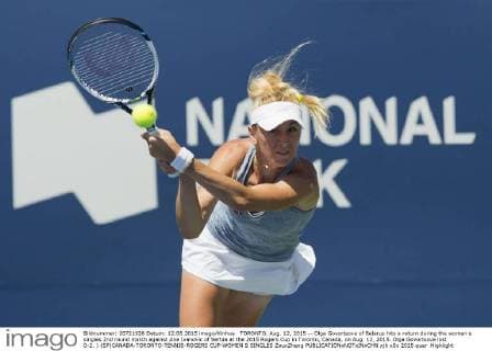 TORONTO, Aug. 12, 2015 -- Olga Govortsova of Belarus hits a return during the women s singles 2nd round match against Ana Ivanovic of Serbia at the 2015 Rogers Cup in Toronto, Canada, on Aug. 12, 2015. Olga Govortsova lost 0-2. ) (SP)CANADA-TORONTO-TENNIS-ROGERS CUP-WOMEN S SINGLES ZouxZheng 