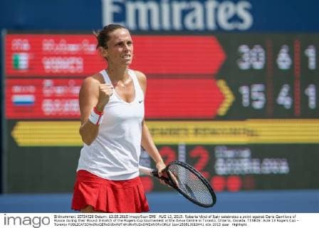 AUG 13, 2015: Roberta Vinci of Italy celebrates a point against Daria Gavrilova of Russia during their Round 3 match of the Rogers Cup tournament at the Aviva Centre in Toronto, Ontario, Canada. TENNIS: AUG 13 Rogers Cup - Toronto Icon150813018441 EDITORIAL USE ONLY