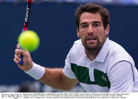 AUG 13, 2015 : Jeremy Chardy of France eyes the ball during his match against Ivo Karlovic of Croatia in the third round of the Rogers Cup presented by National Bank at the Uniprix Stadium in Montreal, Quebec, Canada. TENNIS: AUG 13 Rogers Cup - Montreal Icon15081315 EDITORIAL USE ONLY