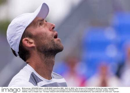 AUG 13, 2015 : Ivo Karlovic of Croatia reacts during his match against Jeremy Chardy of France in the third round of the Rogers Cup presented by National Bank at the Uniprix Stadium in Montreal, Quebec, Canada. TENNIS: AUG 13 Rogers Cup - Montreal Icon15081319 EDITORIAL USE ONLY