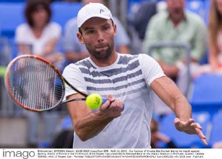 AUG 13, 2015 : Ivo Karlovic of Croatia hits the ball during his match against Jeremy Chardy of France in the third round of the Rogers Cup presented by National Bank at the Uniprix Stadium in Montreal, Quebec, Canada. TENNIS: AUG 13 Rogers Cup - Montreal Icon15081321 EDITORIAL USE ONLY