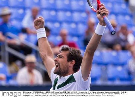 AUG 13, 2015 : Jeremy Chardy of France celebrates his victory against Ivo Karlovic of Croatia in the third round of the Rogers Cup presented by National Bank at the Uniprix Stadium in Montreal, Quebec, Canada. TENNIS: AUG 13 Rogers Cup - Montreal Icon15081322 EDITORIAL USE ONLY