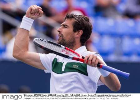 AUG 13, 2015 : Jeremy Chardy of France celebrates his victory against Ivo Karlovic of Croatia in the third round of the Rogers Cup presented by National Bank at the Uniprix Stadium in Montreal, Quebec, Canada. TENNIS: AUG 13 Rogers Cup - Montreal Icon15081323 EDITORIAL USE ONLY