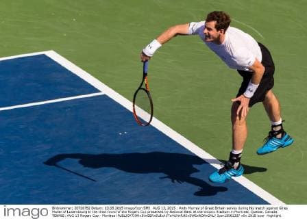 AUG 13, 2015 : Andy Murray of Great Britain serves during his match against Gilles Muller of Luxembourg in the third round of the Rogers Cup presented by National Bank at the Uniprix Stadium in Montreal, Quebec, Canada. TENNIS: AUG 13 Rogers Cup - Montreal Icon15081337 EDITORIAL USE ONLY