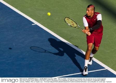 AUG 13, 2015 : Nick Kyrgios of Australia hits the ball during his match against John Isner of the United States in the third round of the Rogers Cup presented by National Bank at the Uniprix Stadium in Montreal, Quebec, Canada. TENNIS: AUG 13 Rogers Cup - Montreal Icon15081350 EDITORIAL USE ONLY