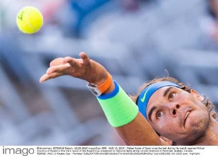 AUG 13, 2015 : Rafael Nadal of Spain eyes the ball during his match against Mikhail Youzhny of Russia in the third round of the Rogers Cup presented by National Bank at the Uniprix Stadium in Montreal, Quebec, Canada. TENNIS: AUG 13 Rogers Cup - Montreal Icon15081355 EDITORIAL USE ONLY