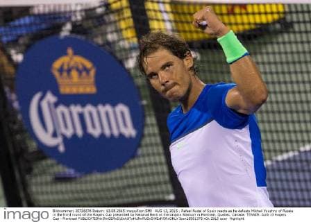 AUG 13, 2015 : Rafael Nadal of Spain reacts as he defeats Mikhail Youzhny of Russia in the third round of the Rogers Cup presented by National Bank at the Uniprix Stadium in Montreal, Quebec, Canada. TENNIS: AUG 13 Rogers Cup - Montreal Icon15081378 EDITORIAL USE ONLY